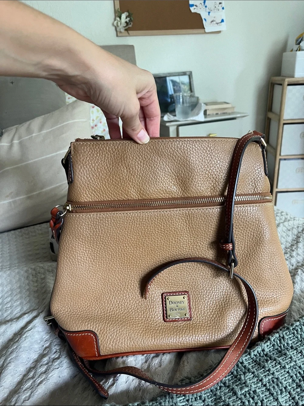 Dooney & Bourke Tan Pebbled Leather Crossbody with Brown Trim